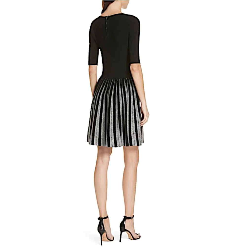 Milly Scoop-Neck Elbow-Sleeve Fit-and-Flare Metallic Pleated Dress - Picture 2 of 12